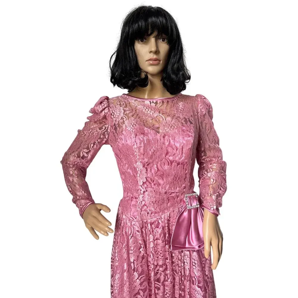 American vintage 70's pink lace prom Bridesmaid midi dress small